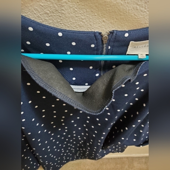 Navy Blue White Pokadot Dressy Zip Up Shirt - Picture 7 of 16